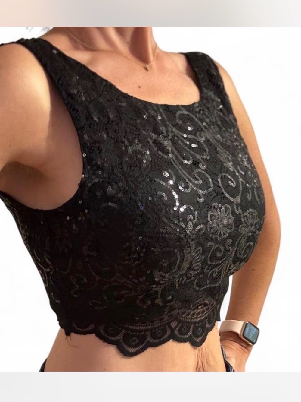 Black Sequin Lace Crop Tank Top